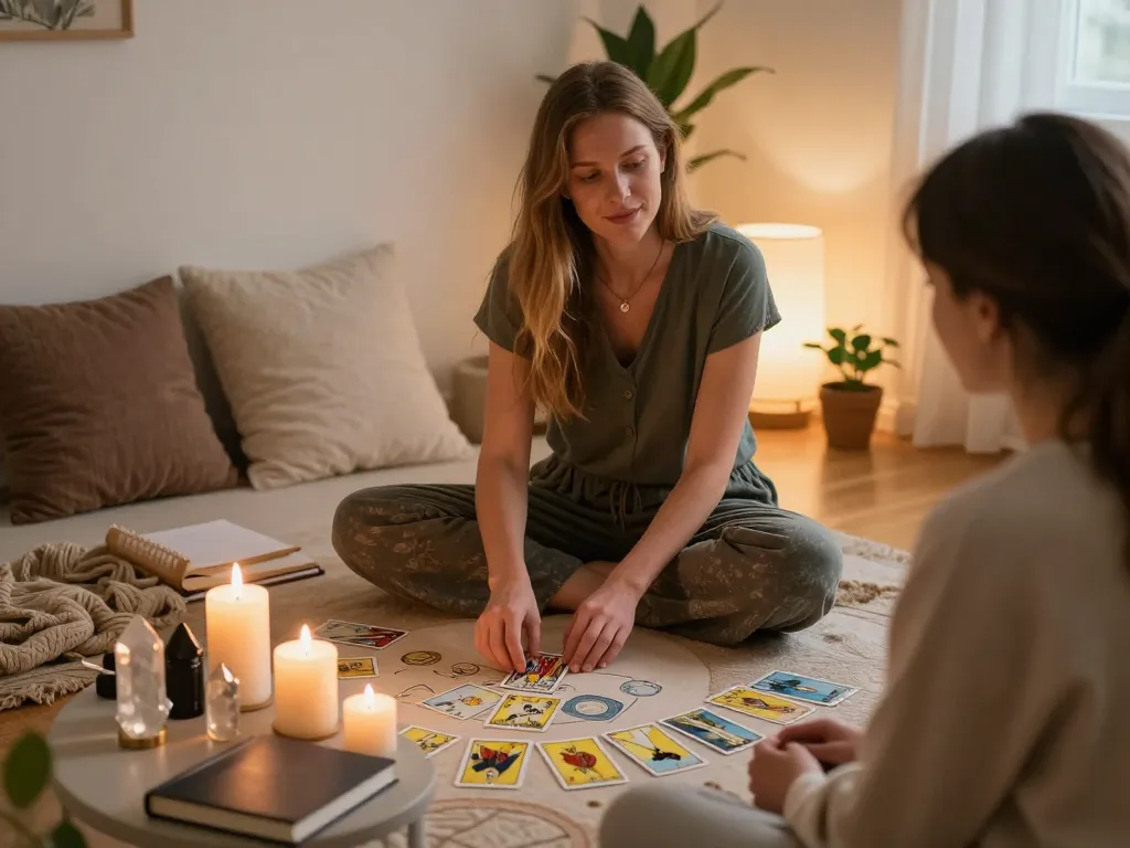 Why do I attract emotionally unavailable partners? Akashic Records session in a cozy, intimate setting with a healer guiding a client.