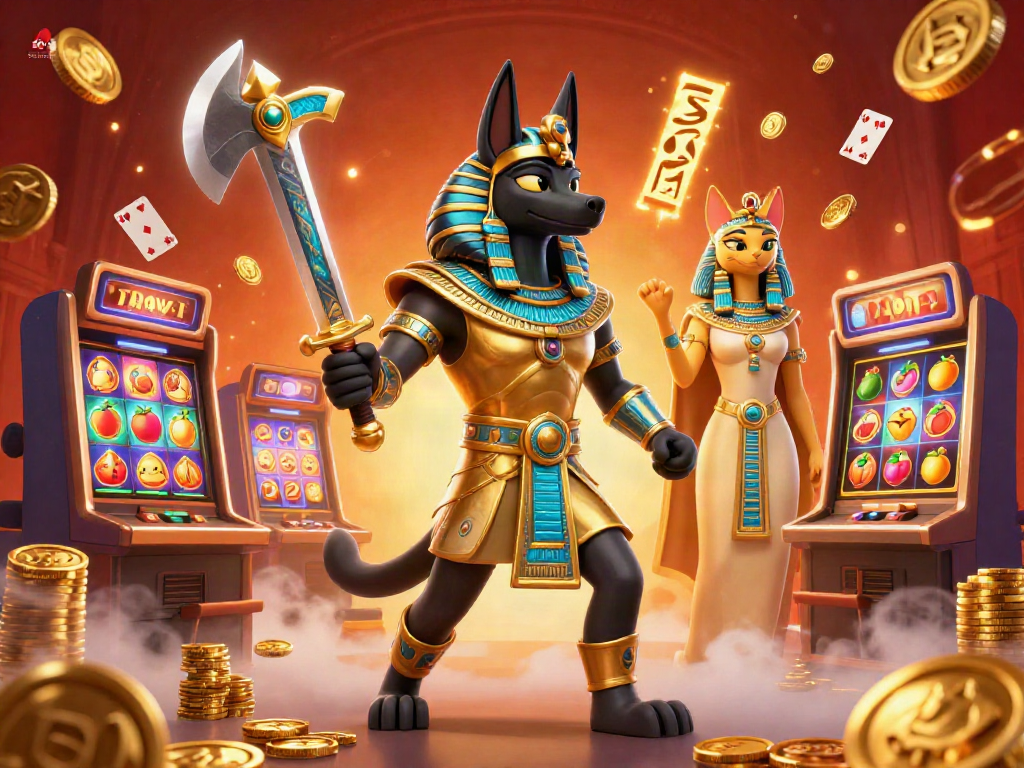 Experience thrilling wins at sunwin with a lively Egyptian-themed casino illustration featuring Anubis and Bastet.
