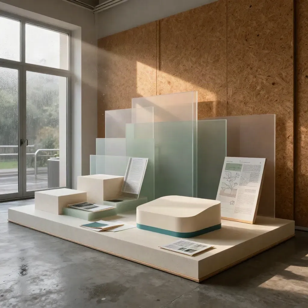 Rain-lit innovation workshop installation with prototype shell, acetate layers, cork walls, and plinths.
