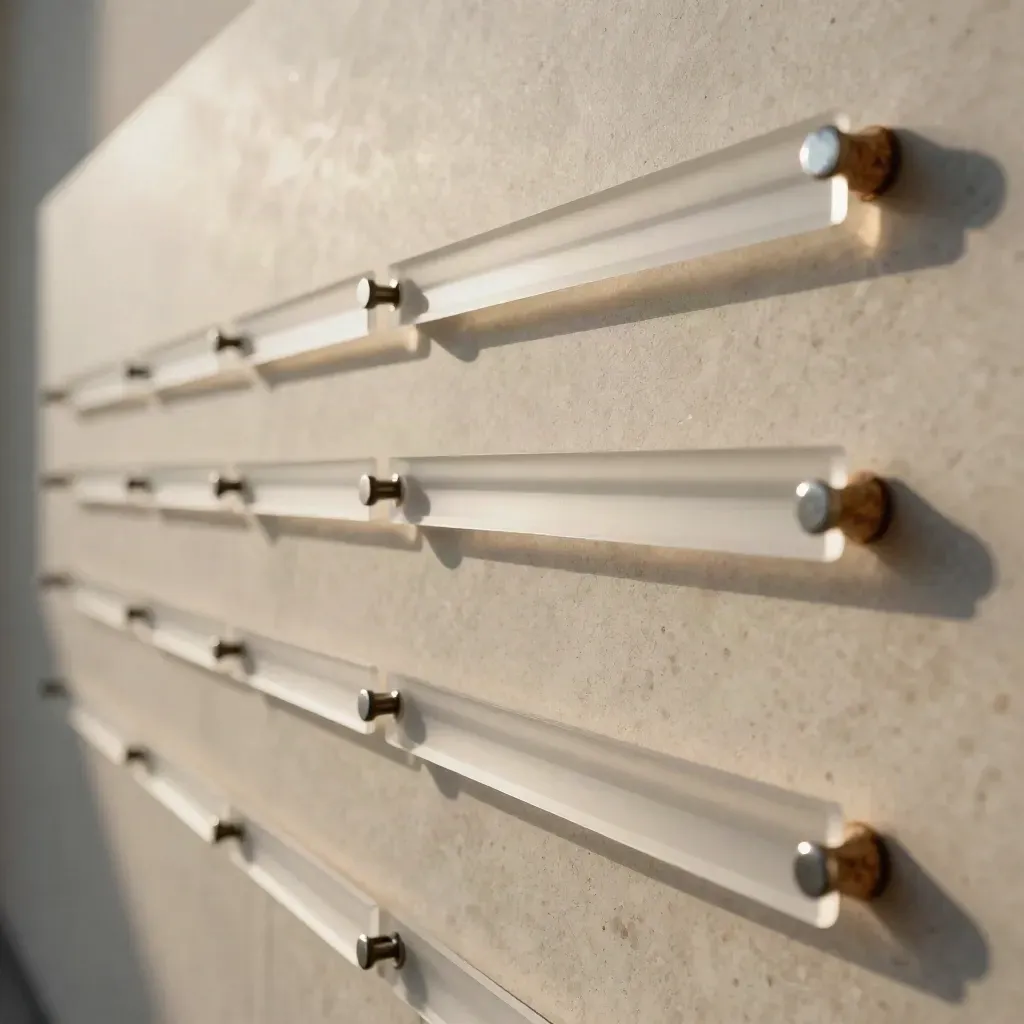 Extreme macro of a frosted-acrylic user-flow wall with string routes, pins, cork anchors and haze