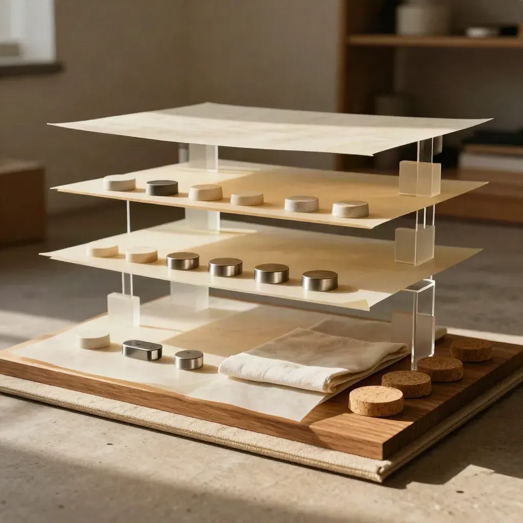 Layered vellum blueprint installation on acrylic risers and linen plinth in soft light.