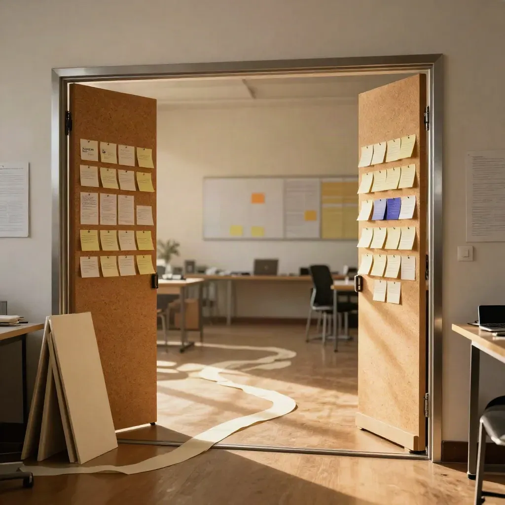 Workshop room with blank sticky cards, cork panels, foam prototypes, and tape arcs