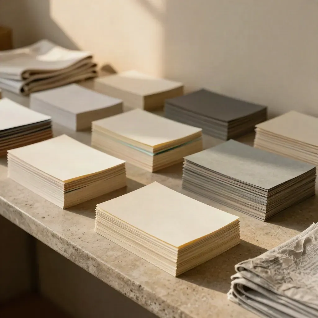Research synthesis note cards and folders grouped on a pale stone ledge in soft window light.