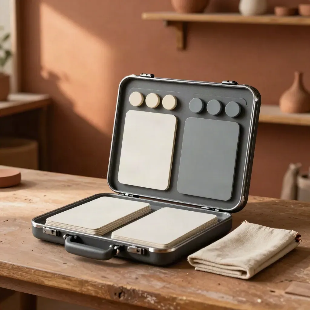 Portable prototype case with training boards, blank cards and tokens on a warm studio workbench