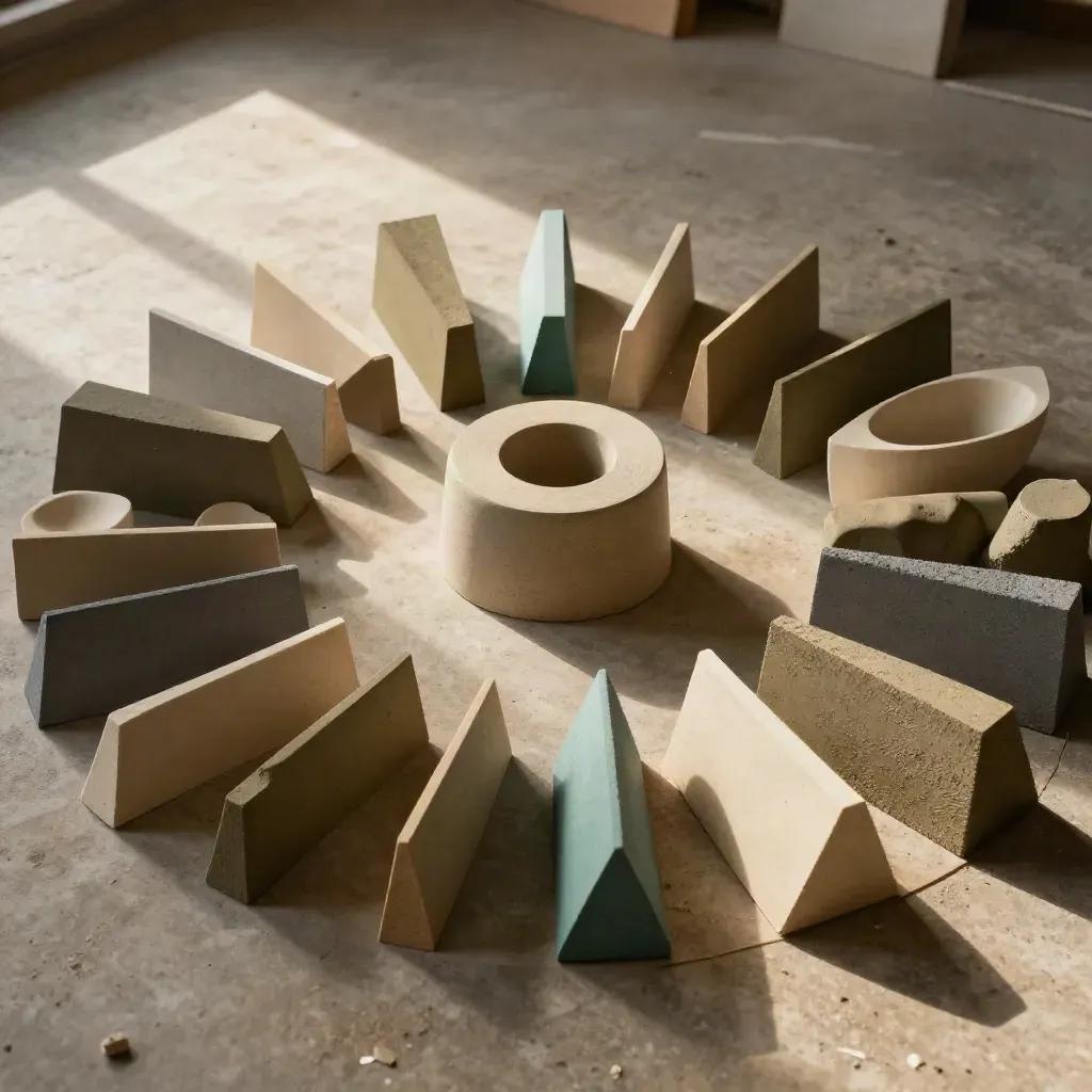 Foam, chipboard, clay, and token markers ring a central prototype on a concrete floor.