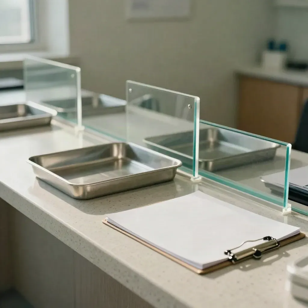 Clinic intake counter with acrylic trays, a clipboard rest and teal-accented dividers.