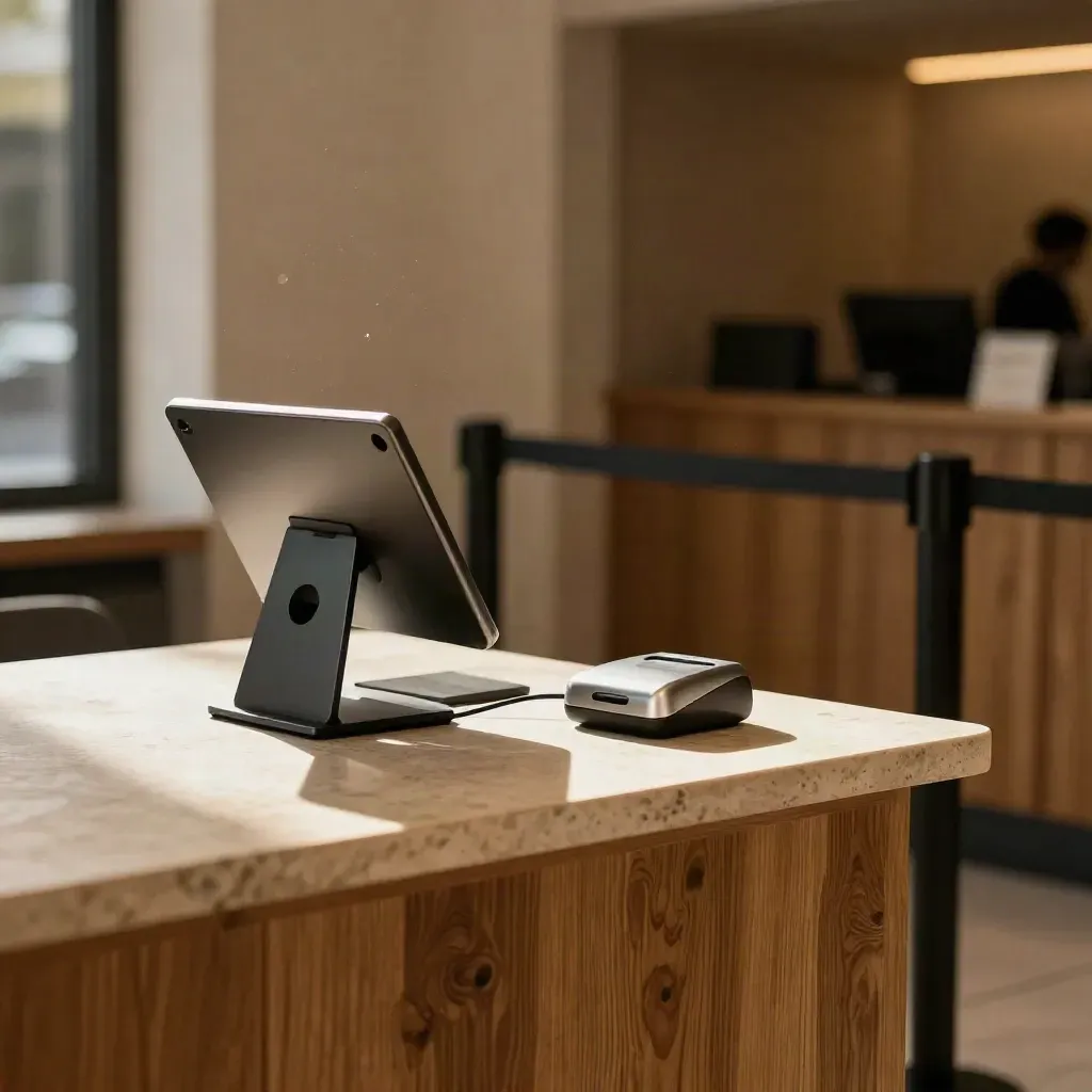 Empty fintech lobby kiosk with tablet stand, card reader and queue rail in warm afternoon light.