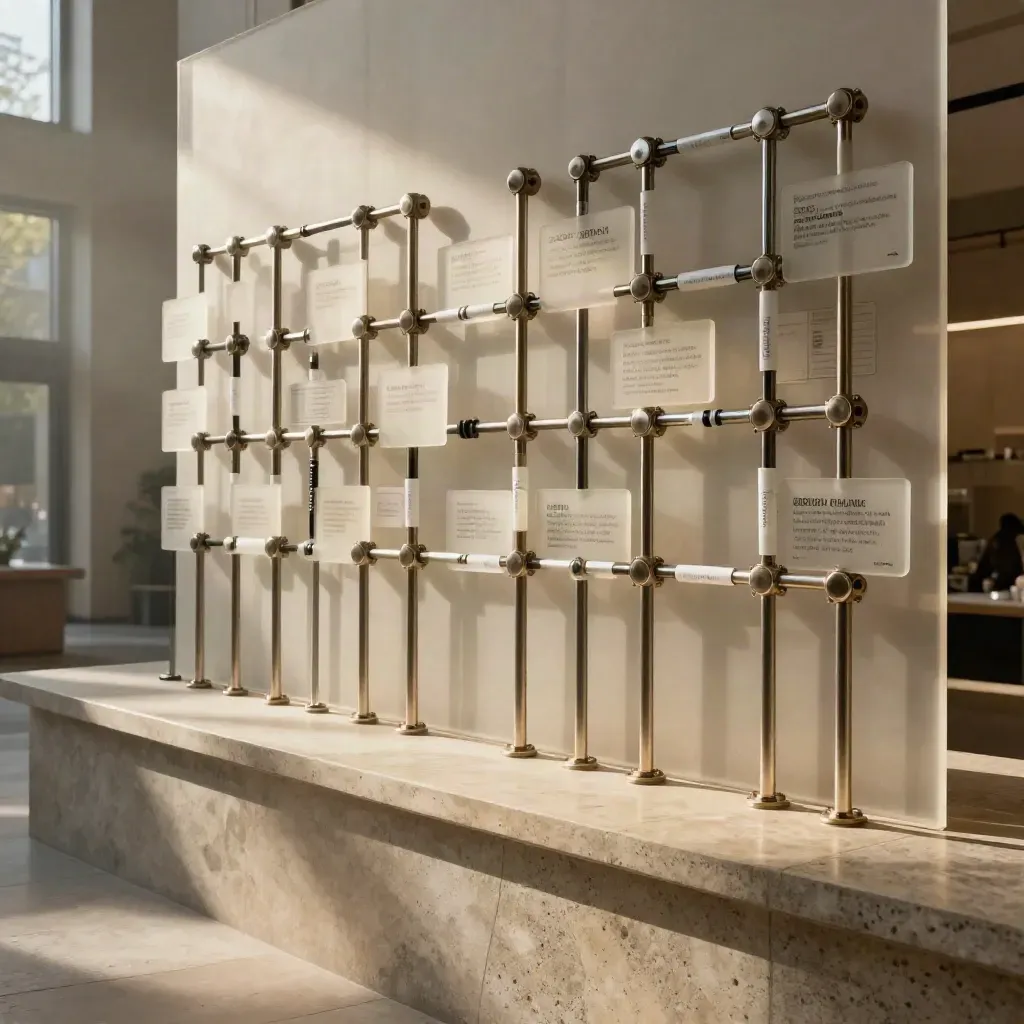 Layered civic service pathway model on a stone counter in a municipal atrium.