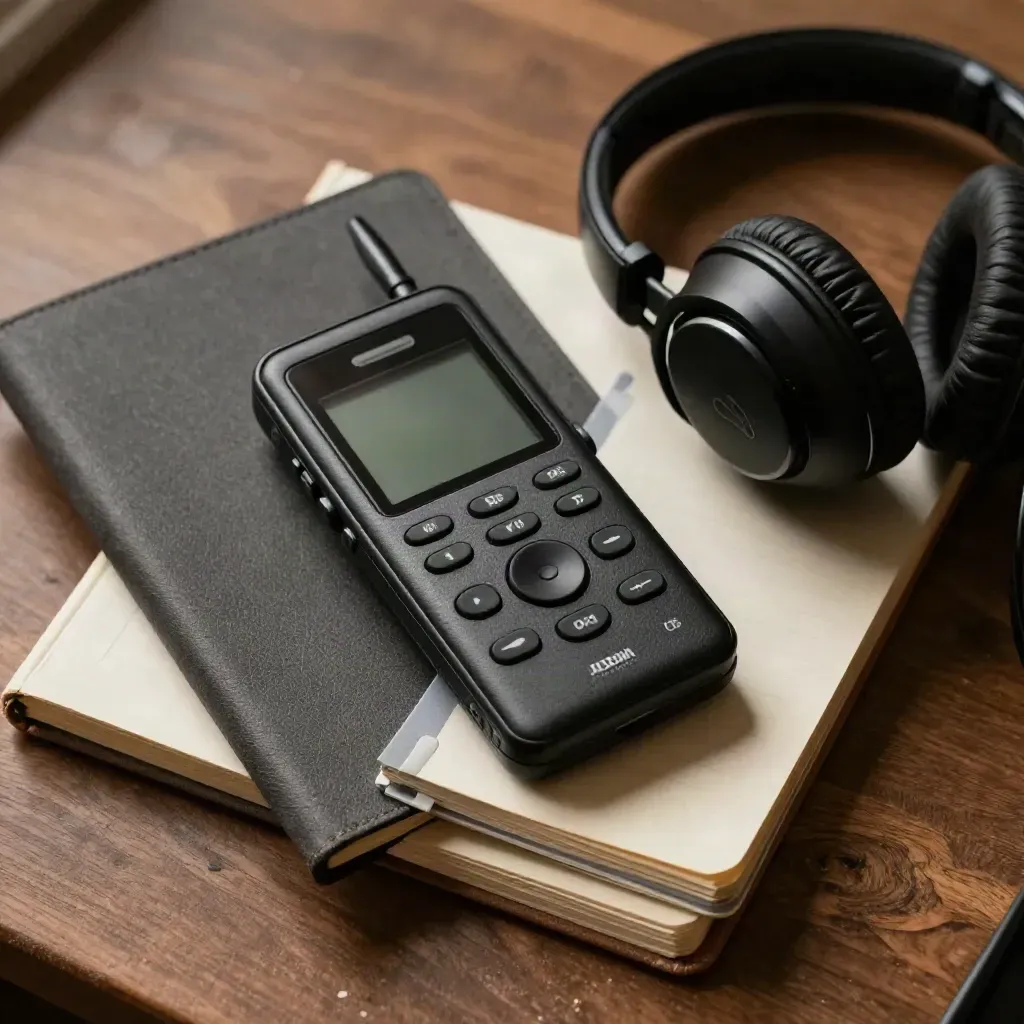 Top-down still life of recorder, notebook, card stack and headphones on a walnut surface.