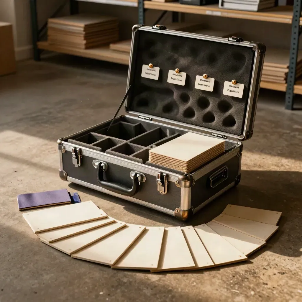 Retail training kit and modular exercise tiles ready in a stockroom, objects only.