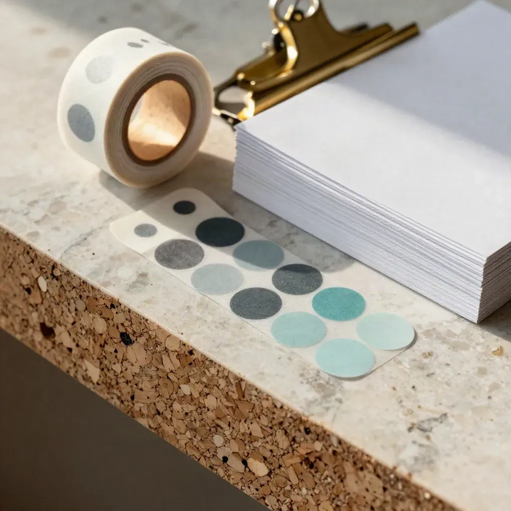 Extreme macro of facilitation tools on travertine: cork, sticker rolls, brass clip, blank cards.