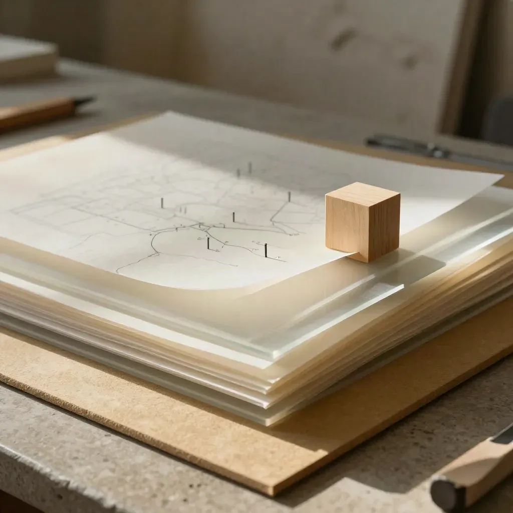 Layered vellum and frosted acrylic service blueprint materials on a stone work surface.