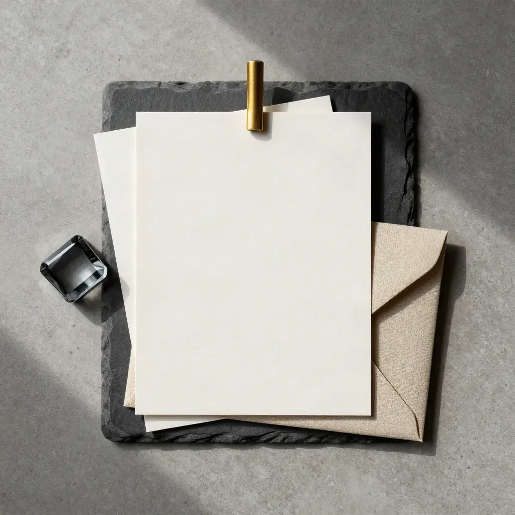 Brass tab marker with blank cards, slate weight, and linen envelope on concrete