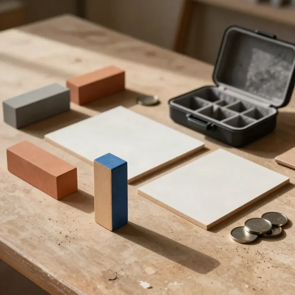 Workshop kit still life with blocks, boards, case and magnetic tokens on a clay surface.