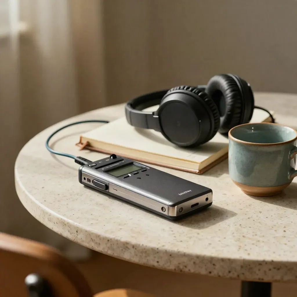 Quiet user-research kit on travertine with recorder, notebook, headphones and a muted teal cup.