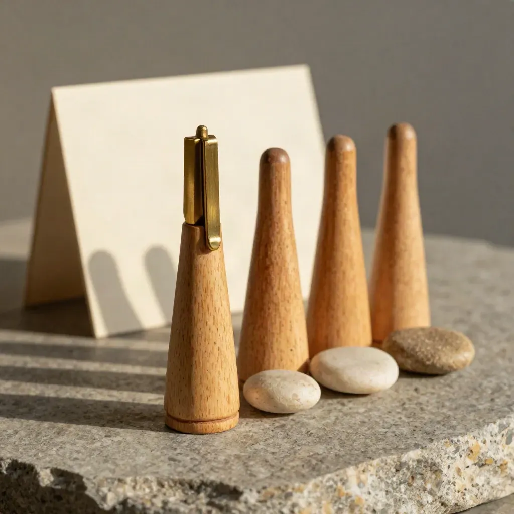 Wooden markers, brass arrow clip and task pebbles on stone in a calm planning still-life.