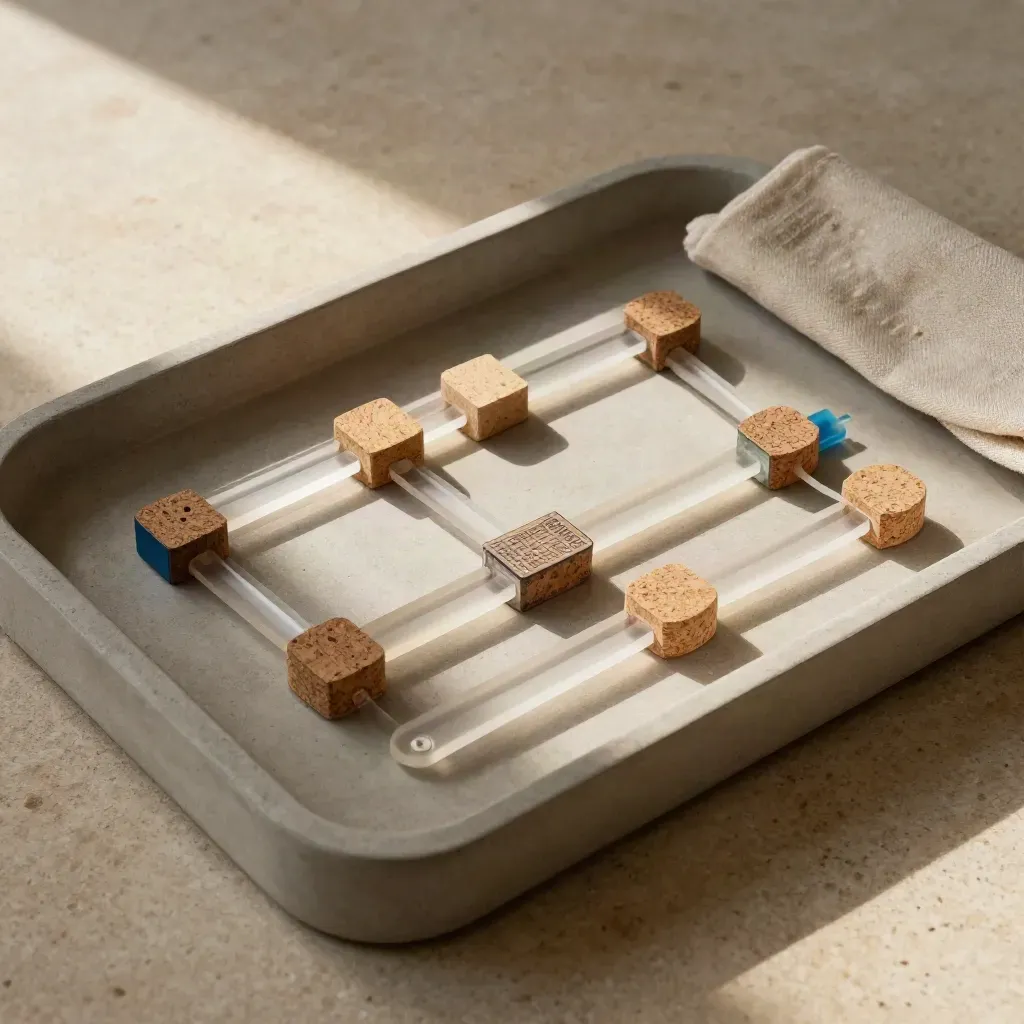 Top-down tray still life of acrylic route pieces, cork nodes, and an indigo connector in soft daylight.