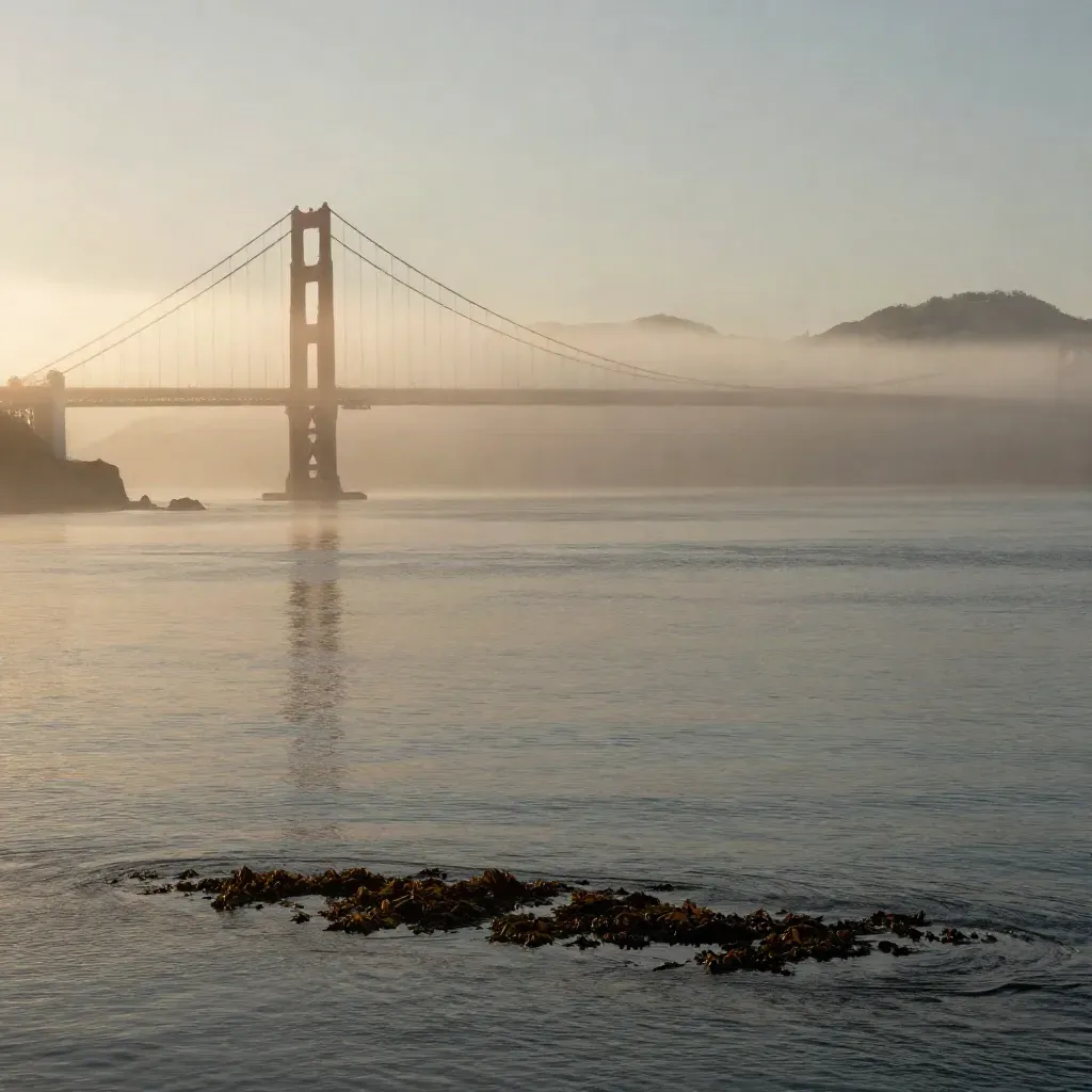 Golden Gate Bridge emerges from fog over calm San Francisco Bay