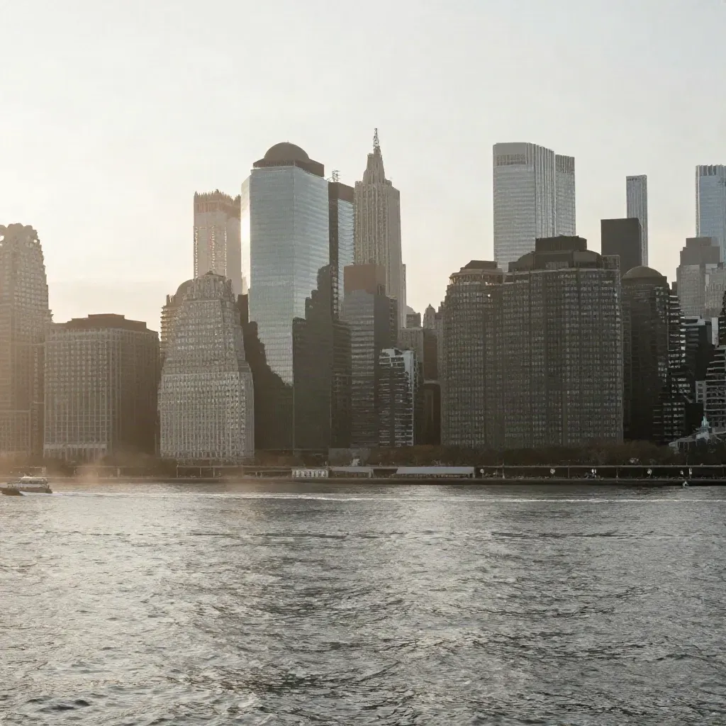 Manhattan skyline in dawn haze above the calm Hudson River, with mist and soft light.