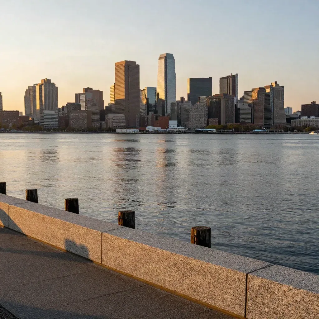 Boston waterfront skyline in warm haze above calm water and granite shore at golden hour
