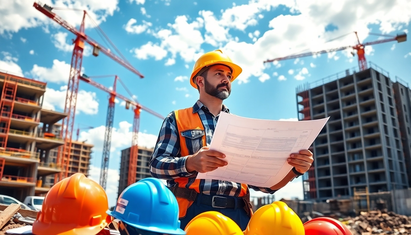 Austin general contractor reviewing blueprints at a construction site with cranes in the background.