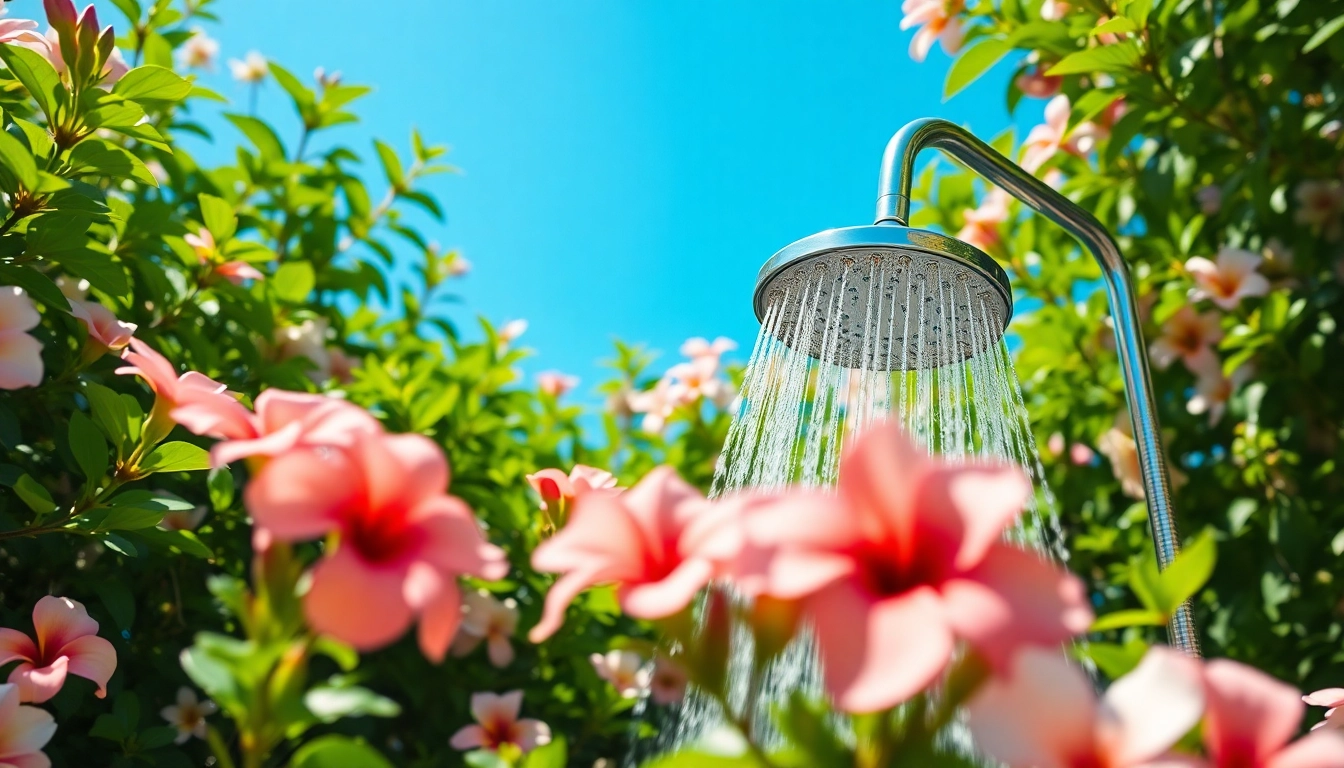 Sunny Shower USA Inc offers a refreshing outdoor shower experience surrounded by nature.
