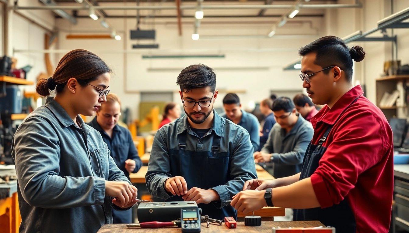 Students learning practical skills at a vibrant trade school workshop with modern tools.