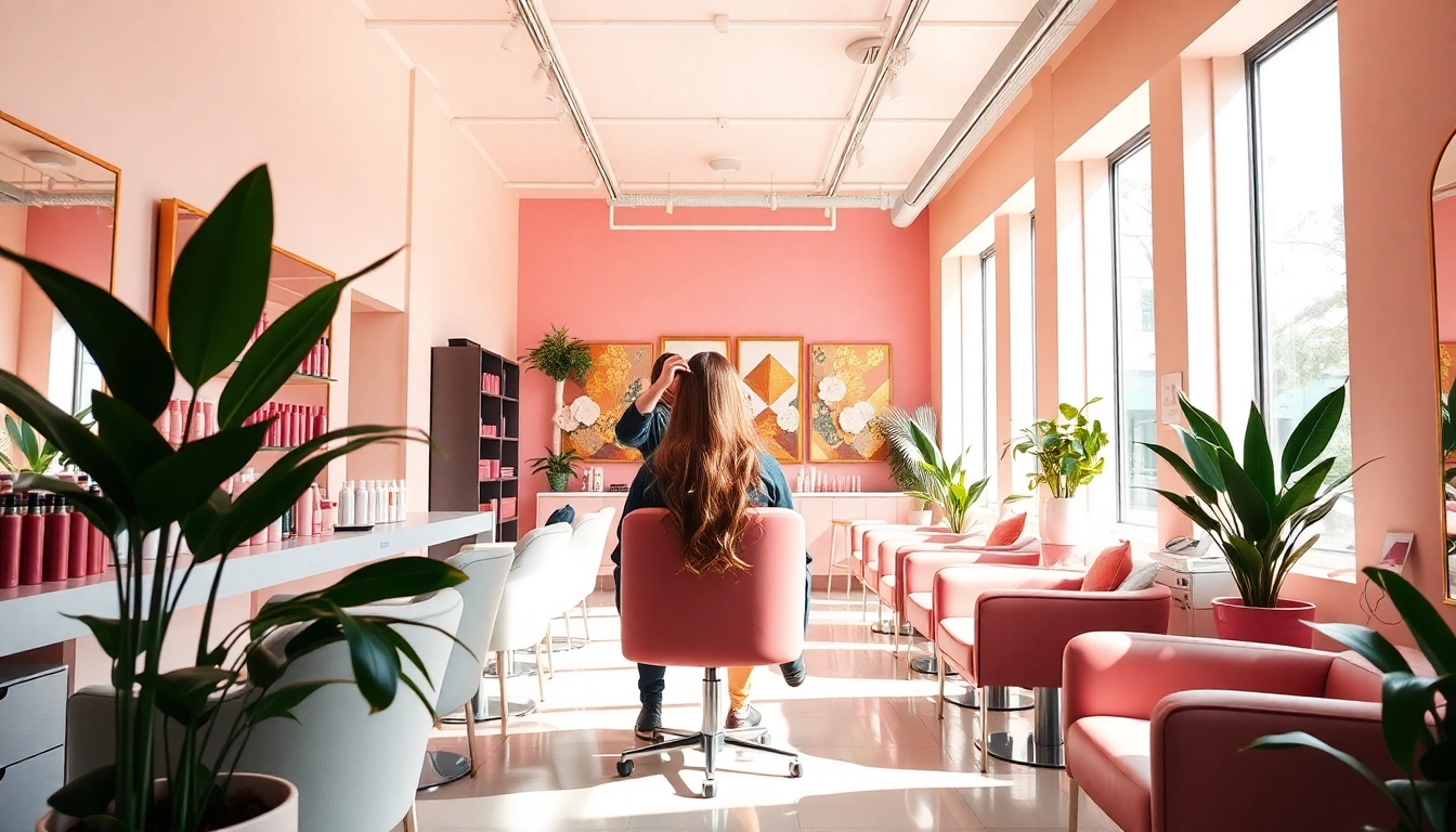 Ladies hairdresser styling hair in a modern, inviting salon setting.