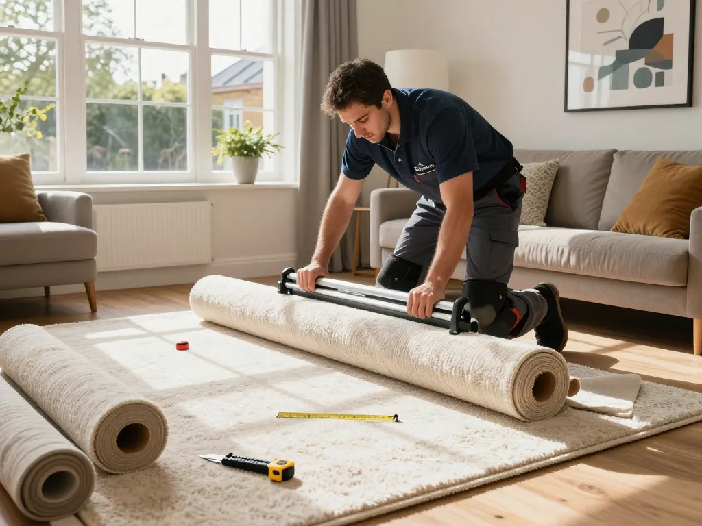 Expert in carpet fitting services West London installing plush carpeting in a stylish home