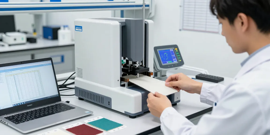 Technician using the Elmendorf tear strength test method in a modern laboratory setting.