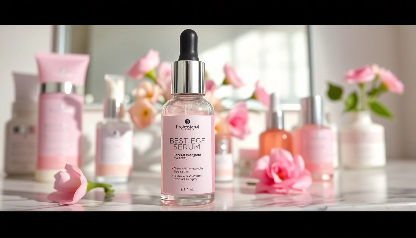 Showcase the best EGF serum prominently amidst elegant skincare products on a marble vanity.