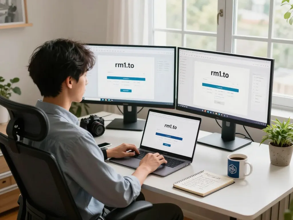 Efficient home office with rm1.to login on laptop, highlighting productivity and cybersecurity.