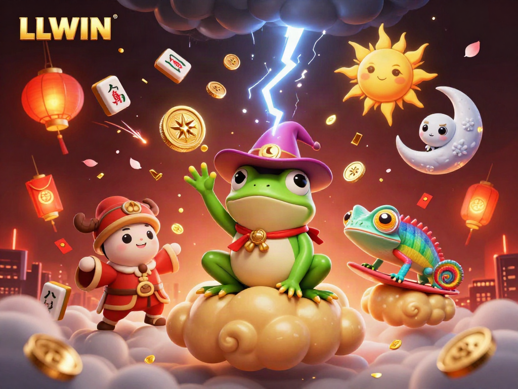 LLWIN platform illustrating a vibrant, fantastical casino scene with whimsical characters and gambling elements.