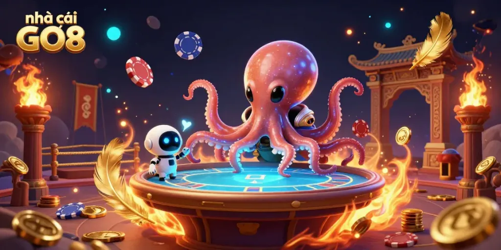 Experience the exciting world of nhà cái GO8 with an alien octopus at a holographic poker table amidst cosmic casino elements.