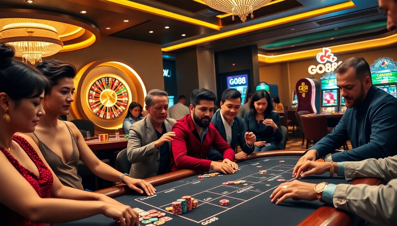 Players enjoying a thrilling game at a GO88 casino table, surrounded by vibrant gaming excitement.