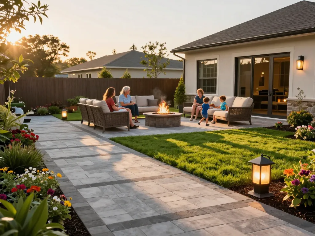 Pavers near me beautifully enhancing an outdoor space with a family enjoying time on a cozy patio.