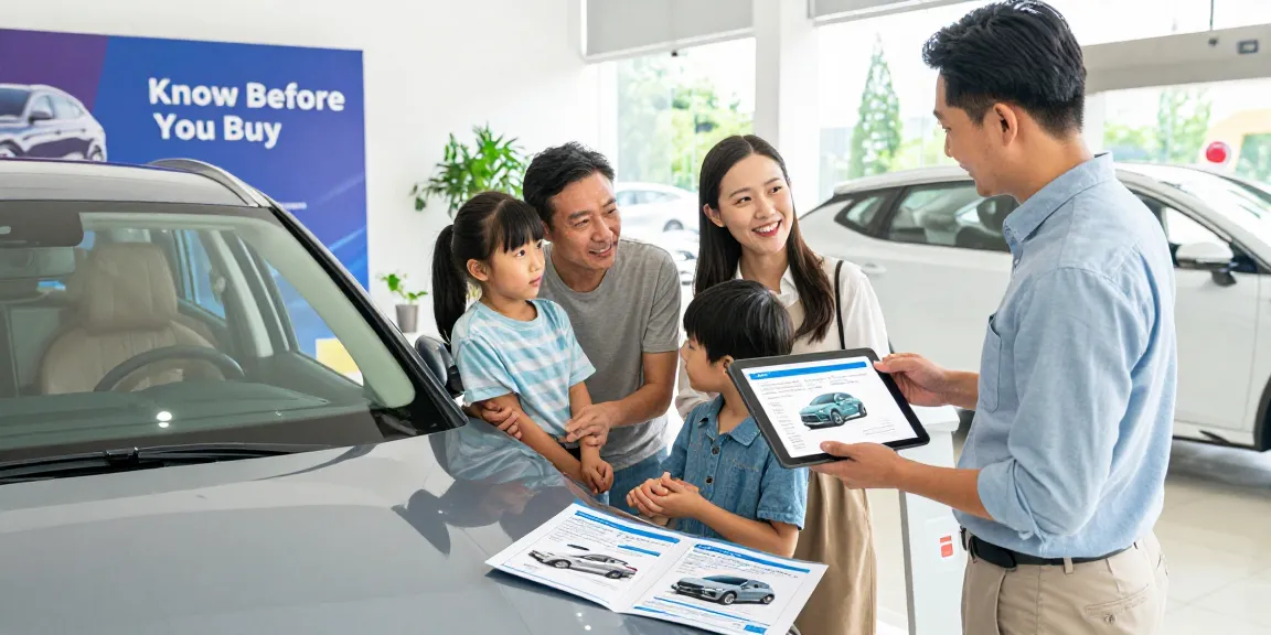 Family checking a car with reg check UK report in dealership, showcasing a trustworthy vehicle buying process.