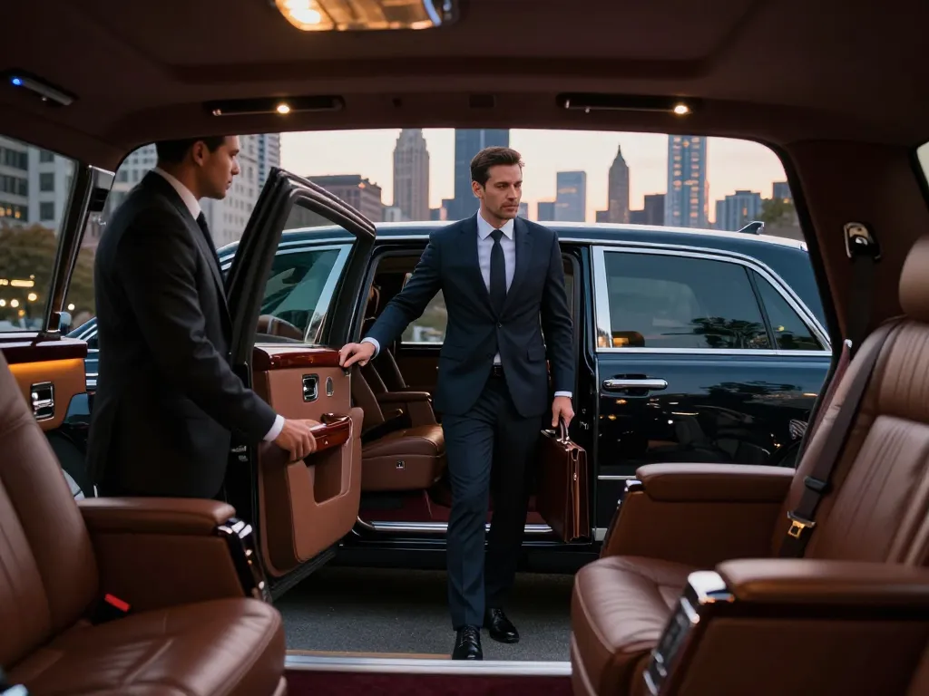 Professional chauffeur welcoming an executive in a luxury Lincoln Continental for Naperville to Midway limo service.