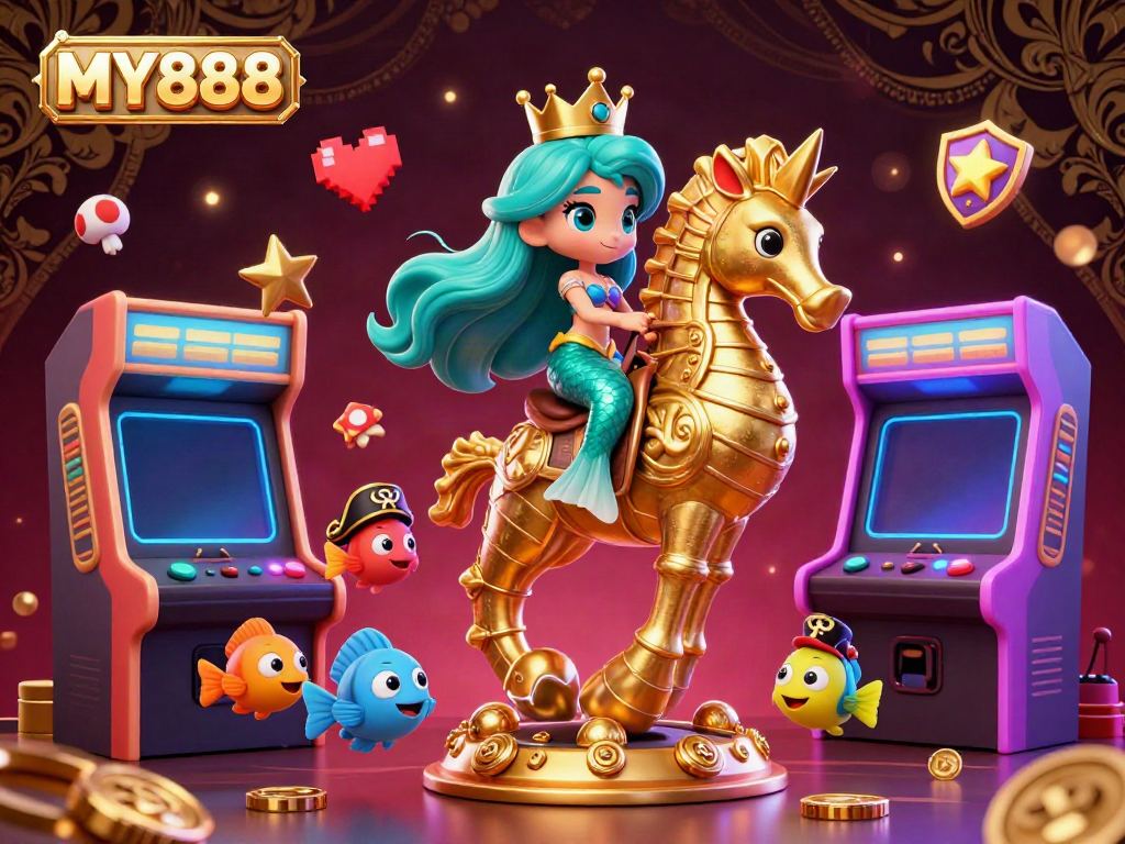 Engage in thrilling gameplay at MY888 with vibrant mermaid characters and interactive casino elements.