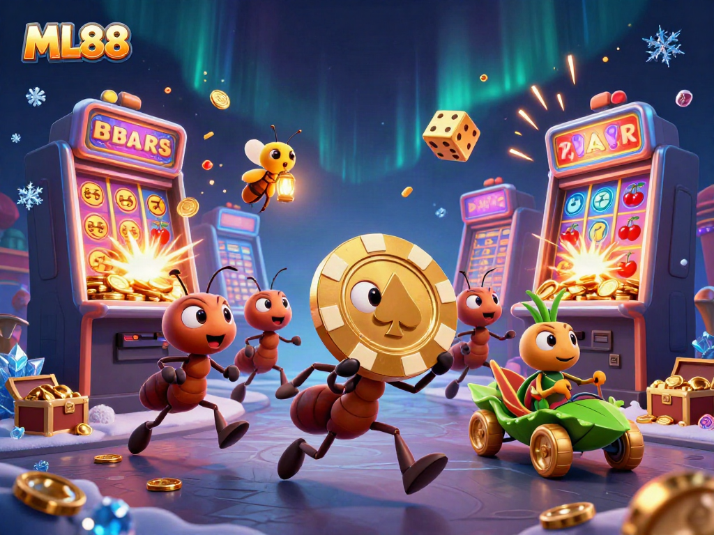 ML88 ants and grasshopper heist scene featuring golden poker chip and jackpot explosions in a vibrant, animated casino.