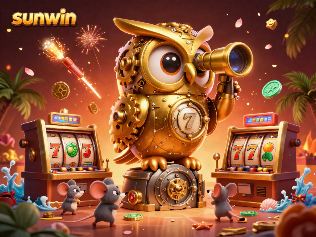Experience the thrill of slots at sunwin with a golden owl watching over exciting games and vibrant casino floor action.