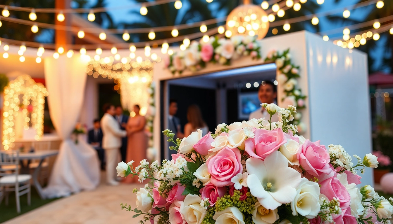 Guests enjoying a photo booth rental at a wedding with elegant decor and bright lighting.