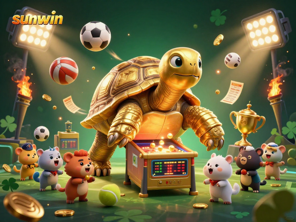 Experience sunwin's dynamic sports betting with a colossal golden tortoise pinball machine in a vibrant casino scene.