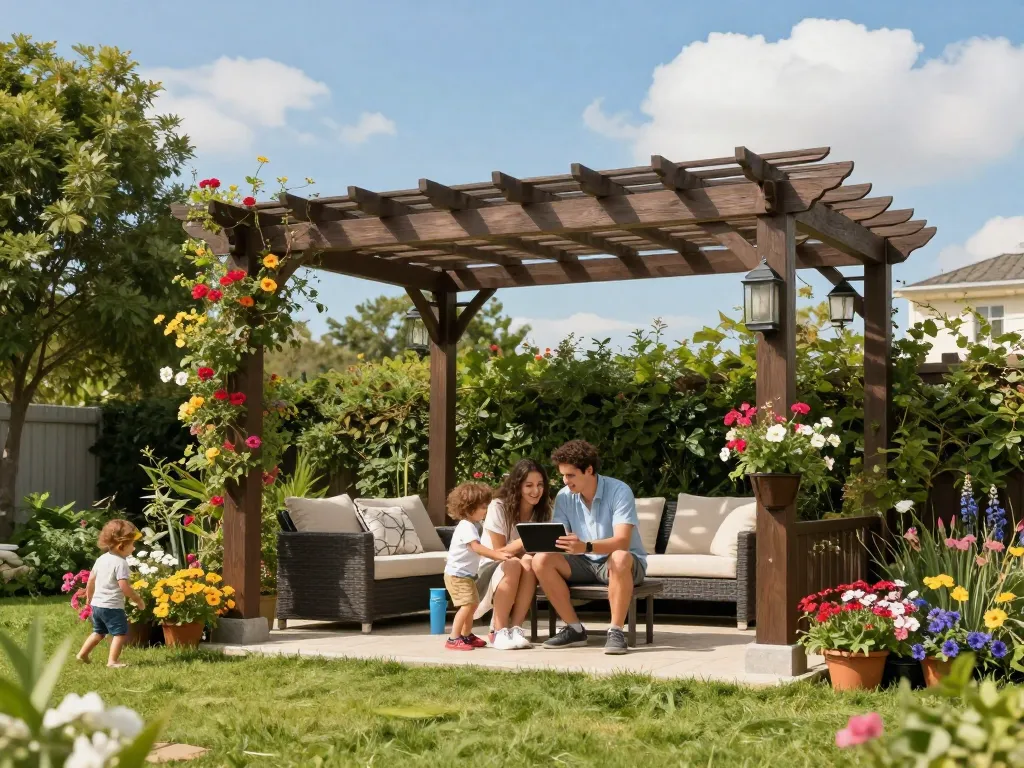 3D pergola configurator scene showing a family enjoying a beautifully customized pergola in a vibrant garden setting.