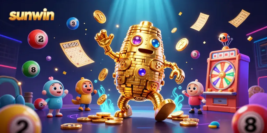Spin the luck with Sunwin, featuring a golden golem and vibrant lottery elements in a dynamic casino scene.