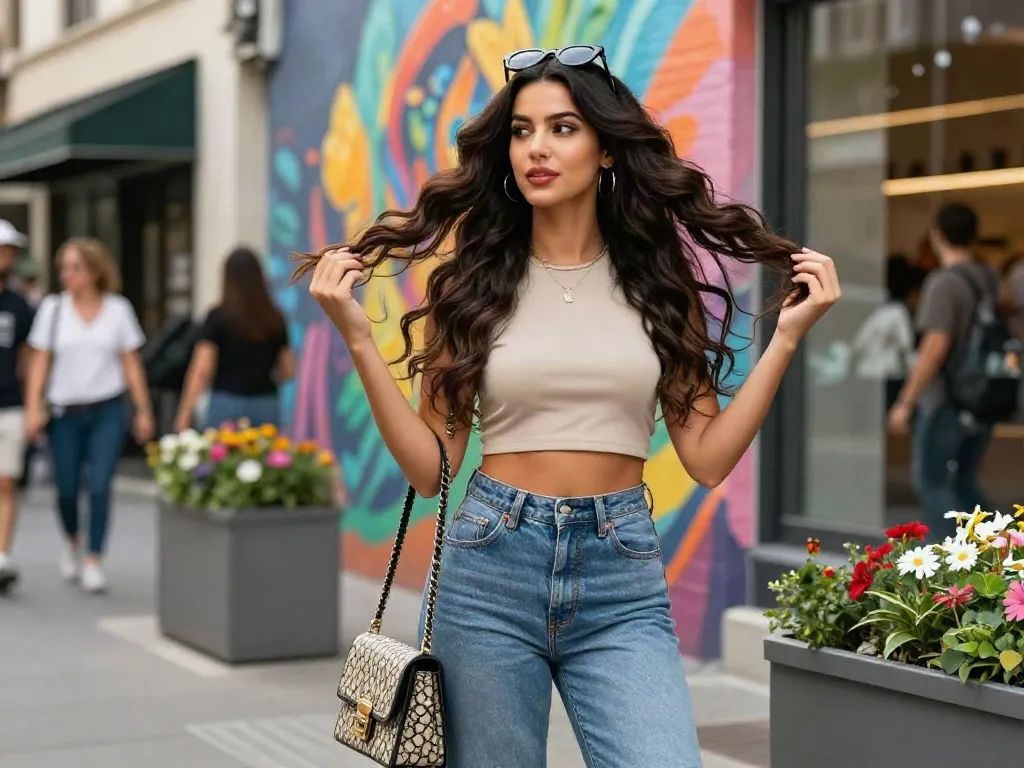 Invisible clip in extensions highlighted on a fashionable woman in a vibrant urban setting.