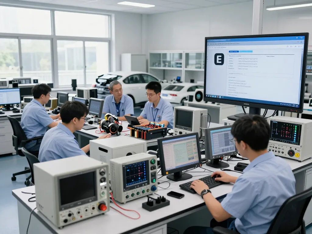 Engineers analyzing E marking compliance in a modern automotive testing lab.
