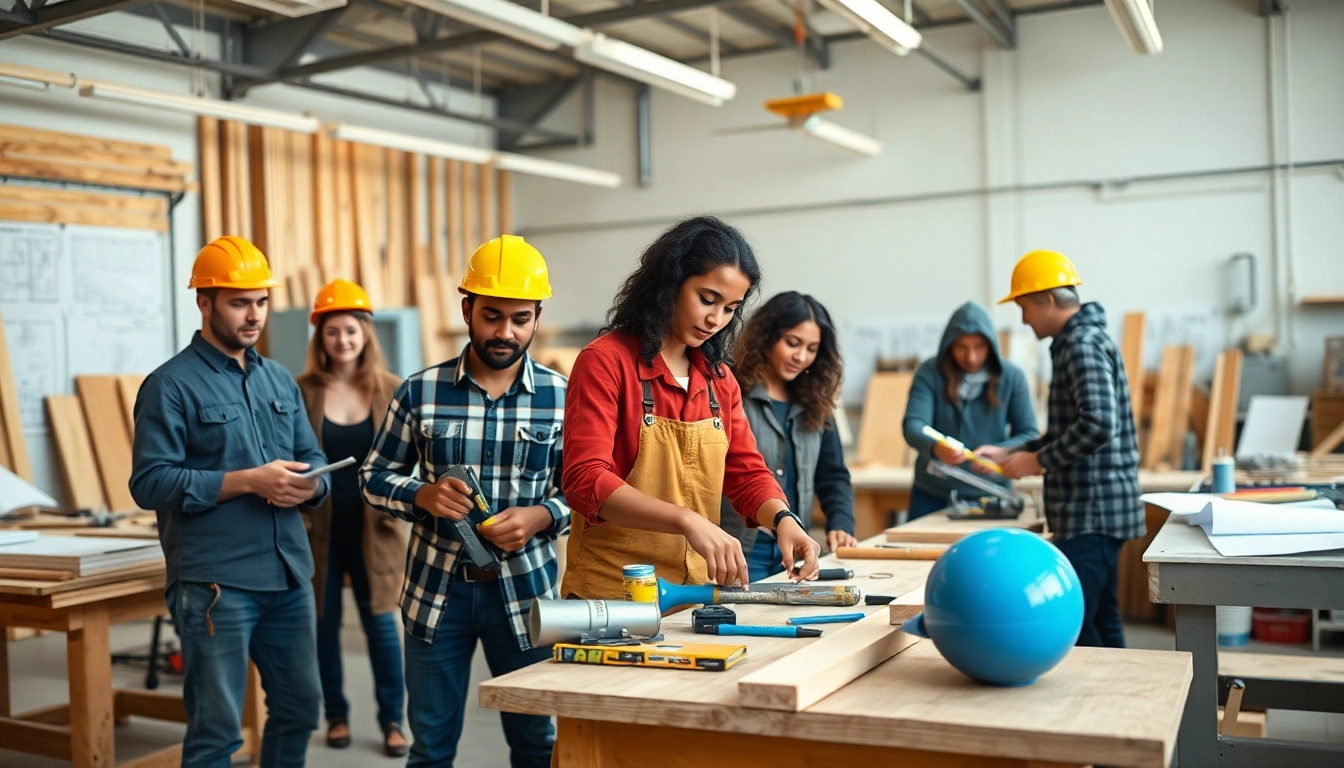 Students participating in construction classes using tools in a bright workshop environment.