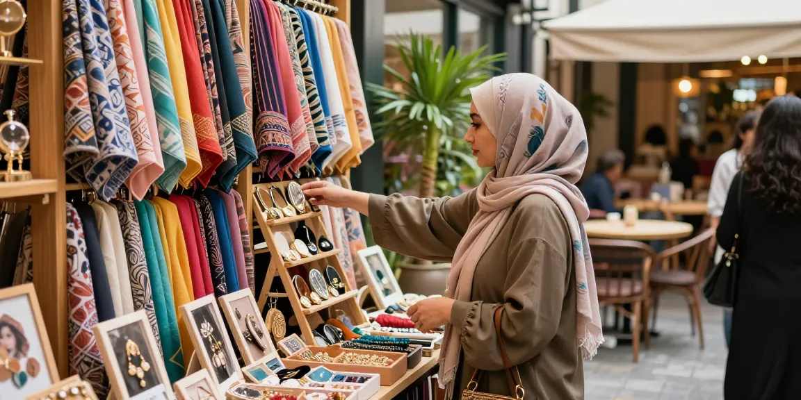 Hijabi store featuring a woman stylishly browsing colorful hijabs in a vibrant urban marketplace.
