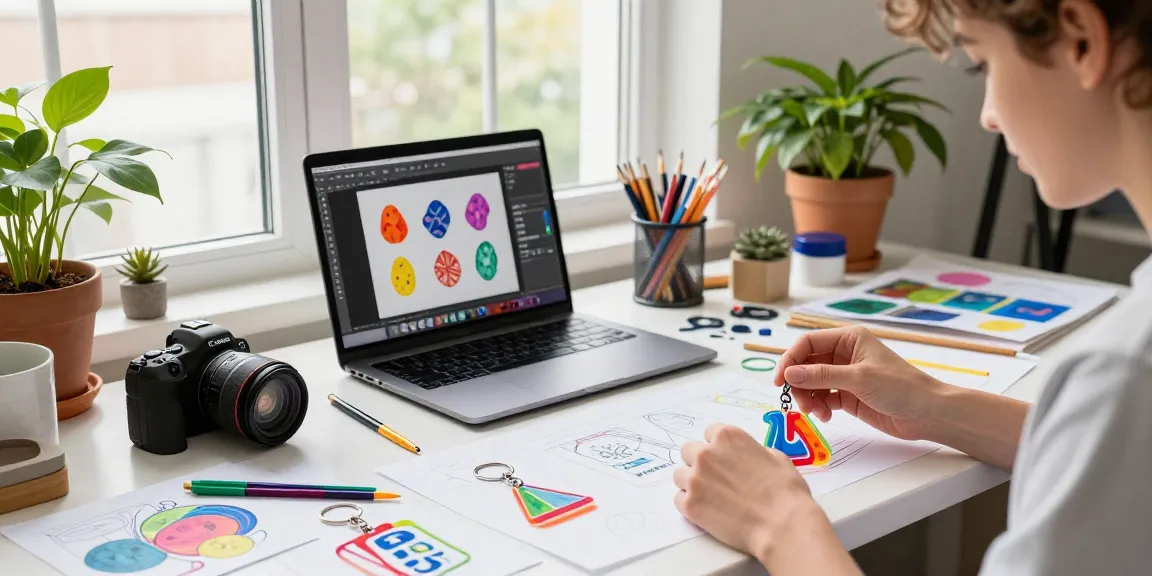 Designer creating custom acrylic keychain prototypes surrounded by vibrant colors and tools in a bright studio.